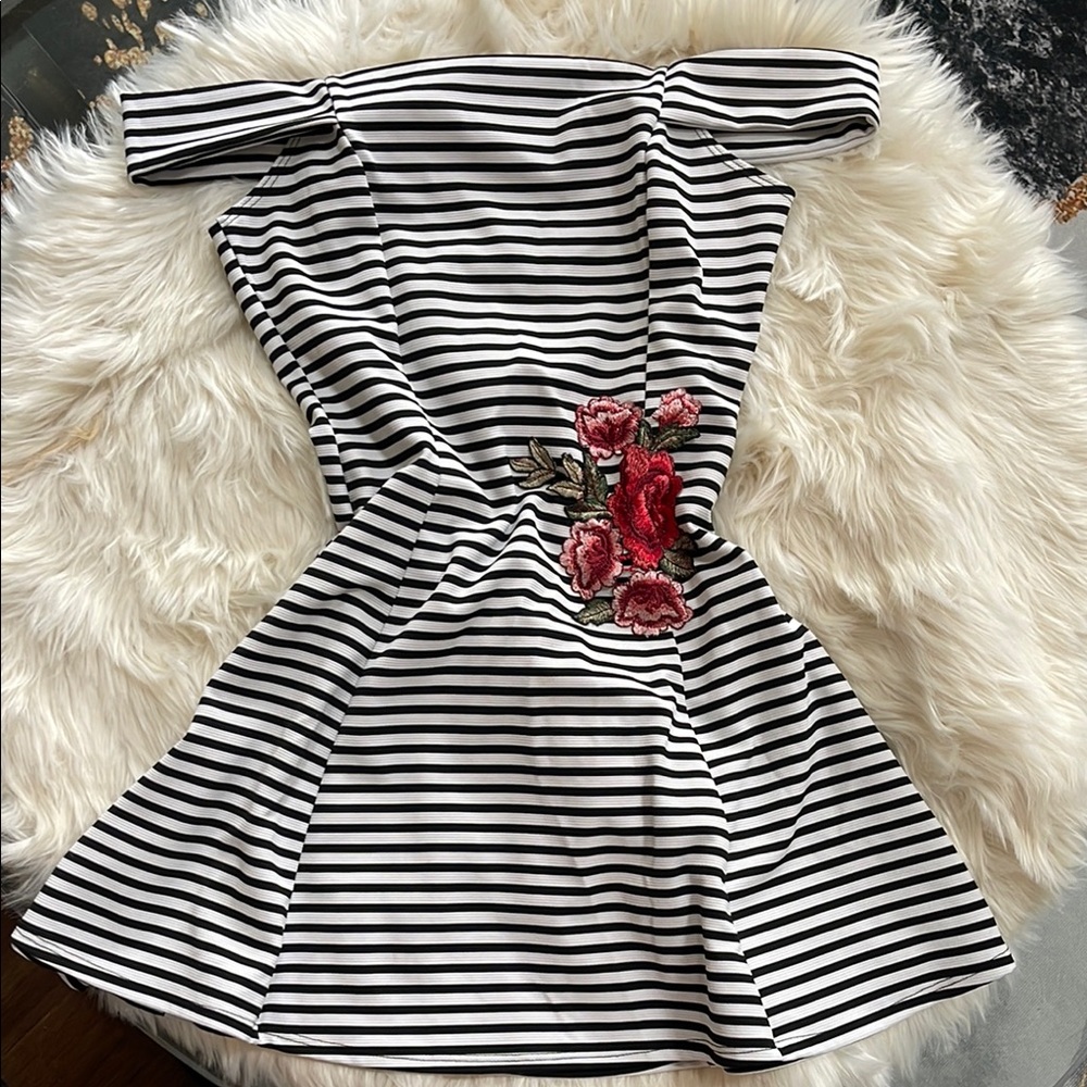 Striped Off-Shoulder Dress with Floral Embroidery